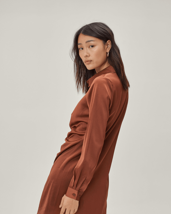 Sustainable Satin Ruched Front Shirt Mini Dress